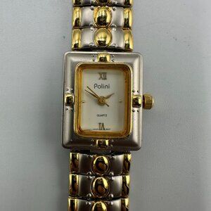 Polini Watch Women Silver Gold Two Tone Rectangle 17MM Dial New Battery 6.75"